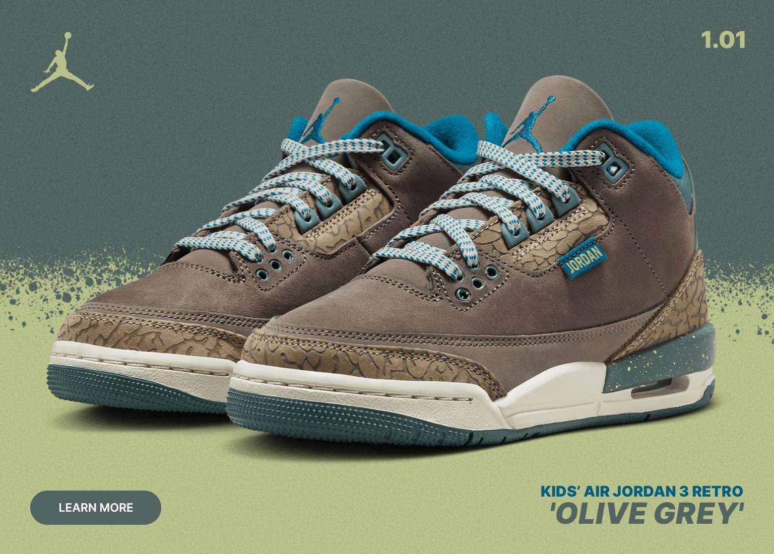 Promotional banner for the Kids' Air Jordan 3 Retro 'Olive Grey'. The image features three shoes in olive grey with teal accents, a WE OUTSIDE sticker graphic, and a Jordan brand shoebox against a textured green and grey background.