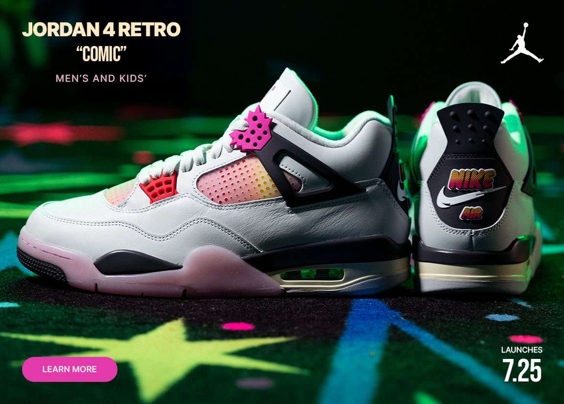 Jordan 4 Retro Comic sneakers in white with black, pink, and neon graphic accents displayed on a colorful comic-inspired background, launching 7.25 for men’s and kids’ sizes.
