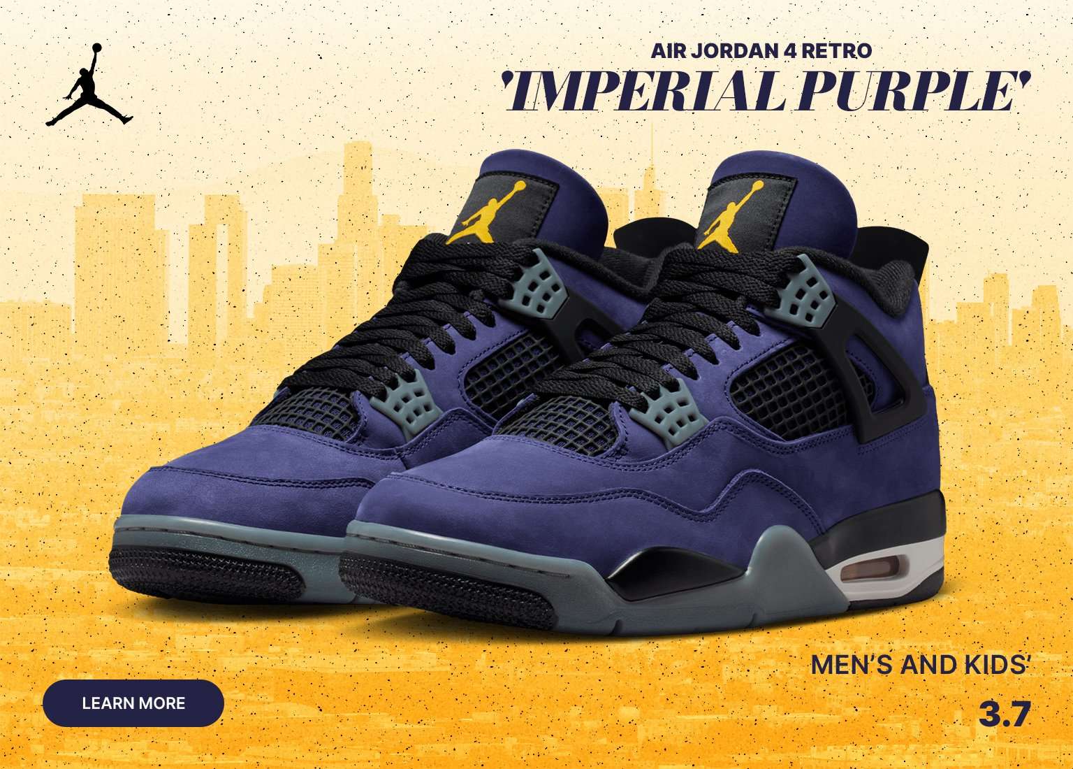 An advertisement for the Air Jordan 4 Retro Imperial Purple sneakers. The shoes feature a deep purple suede upper with black accents, grey hardware, and a gold Jumpman logo on the tongue. They are set against a textured yellow background featuring a stylized city skyline silhouette. Text includes the shoe name, MEN'S AND KIDS', and the release date 3.7.