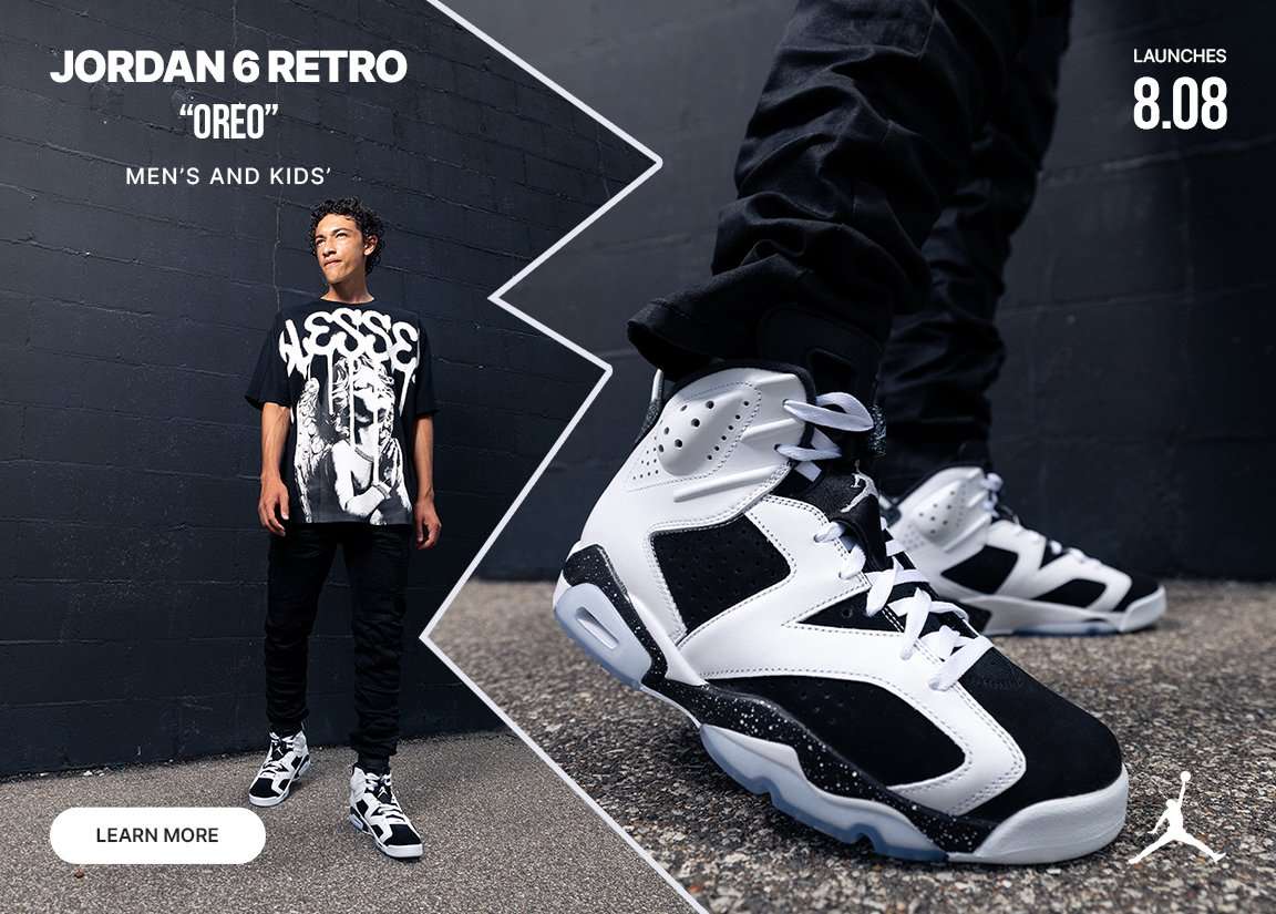 Jordan 6 Retro Oreo sneakers in black and white with lifestyle apparel, launching August 8.