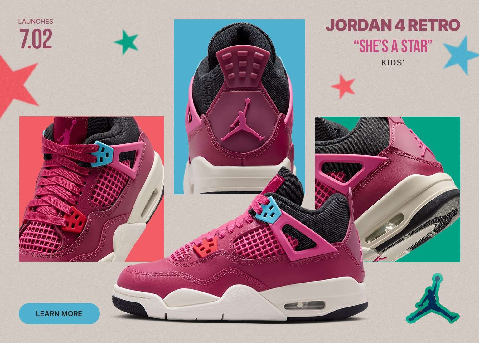 Promotional banner for the kids' Jordan 4 Retro She’s A Star sneaker, showcasing multiple angles of the pink and black shoe against a neutral background with colorful star graphics and a Learn More button.