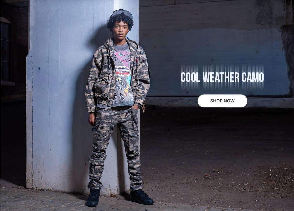 Cool Weather Camo graphic featuring camo cargo pants, graphic tee and jacket with Shop Now callout.