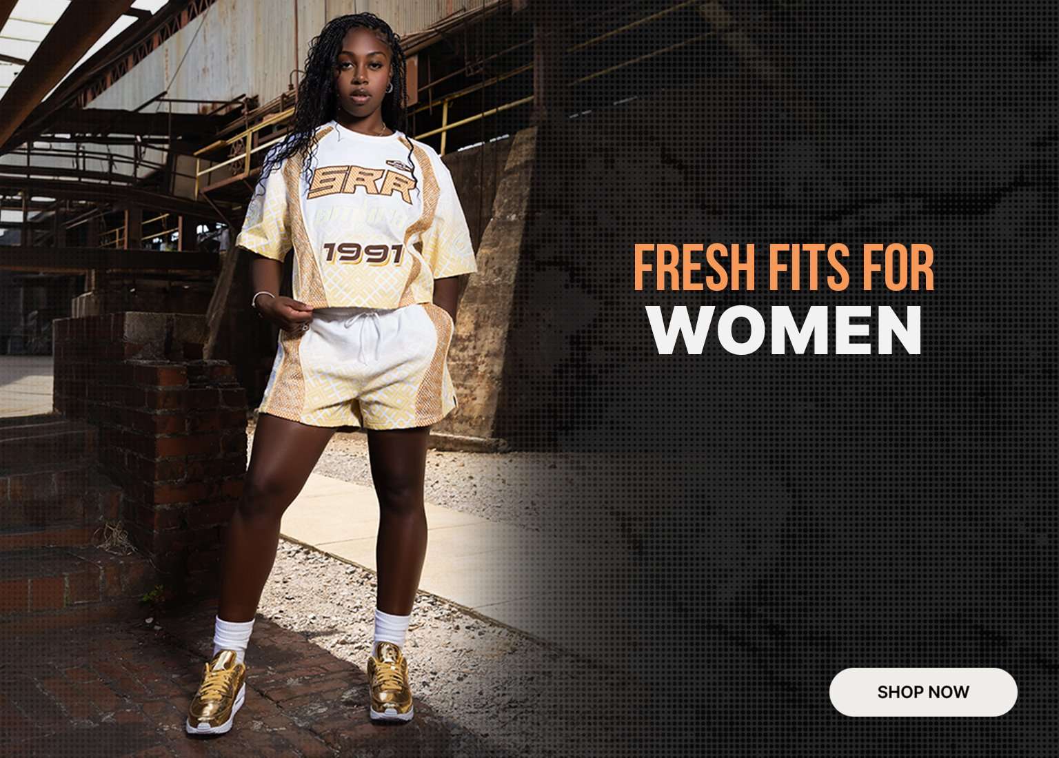 A woman wearing a coordinated GRR 1991 jersey and shorts set with gold sneakers. Text reads FRESH FITS FOR WOMEN.