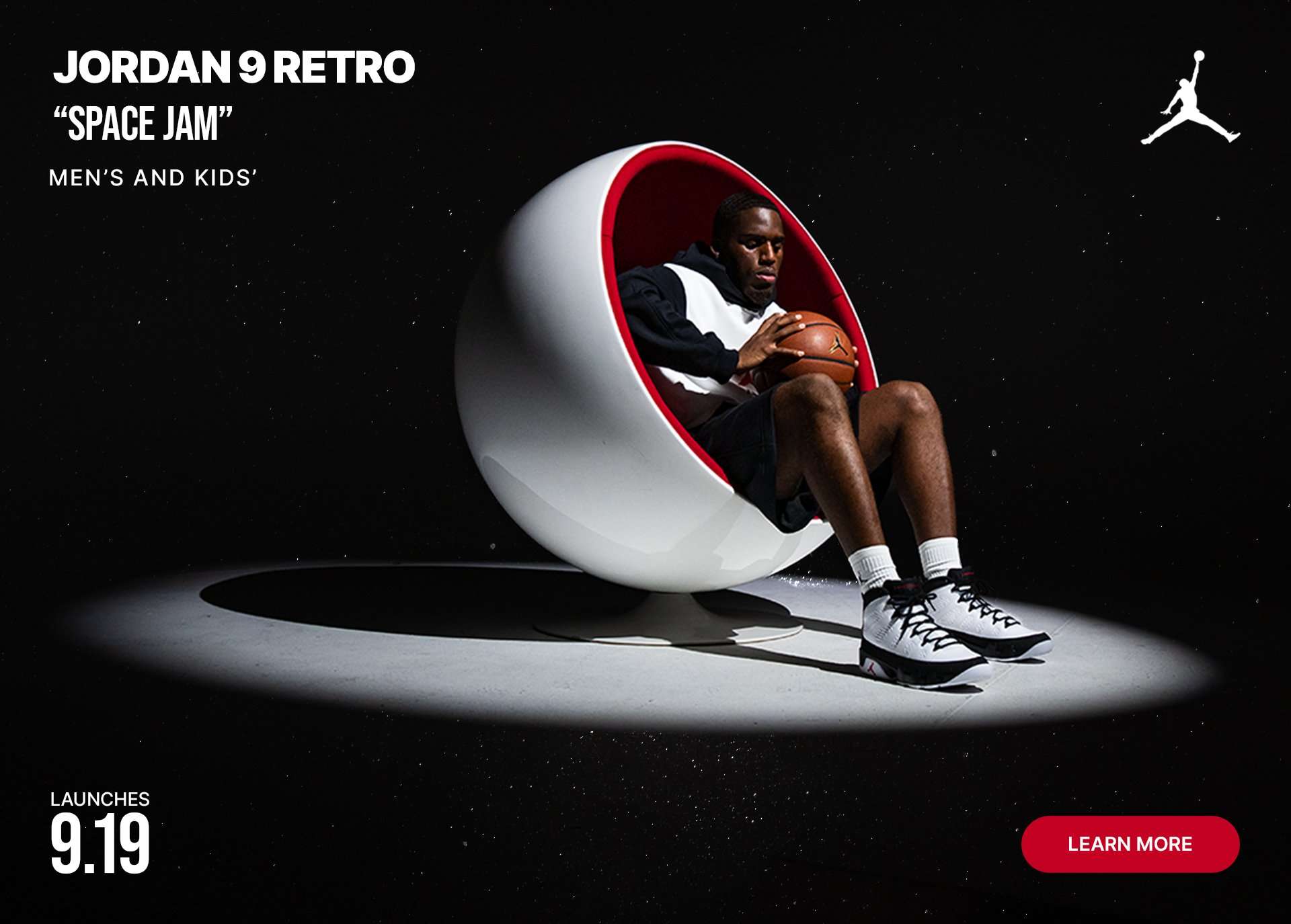 Jordan Retro 9 Space Jam sneakers featured in a basketball-inspired promotional campaign.