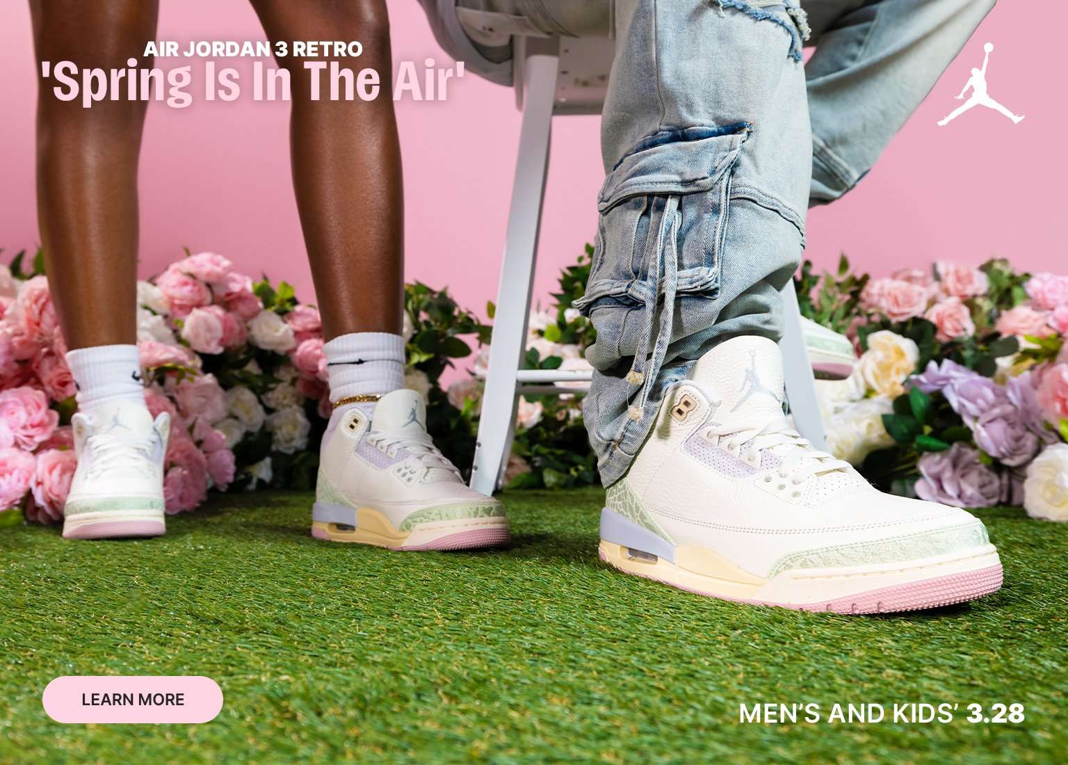  Air Jordan 3 Retro Spring Is In the Air featuring a man, woman, and child posing in a floral outdoor setting. The right side shows a close-up of the cream, pink, and green sneakers. Text reads Men's and Kids' 3.28.