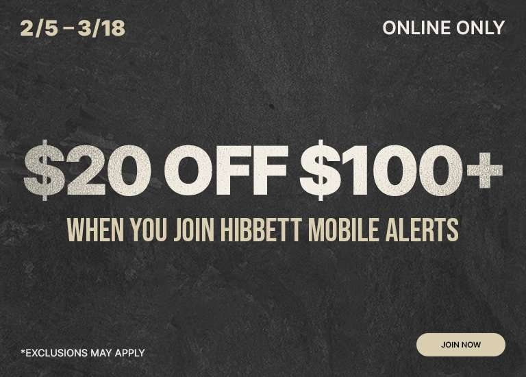 Promotional banner reading $20 off $100+ when you join Hibbett Mobile Alerts, valid 2/5–3/18, online only, with a Join Now button and note that exclusions may apply.