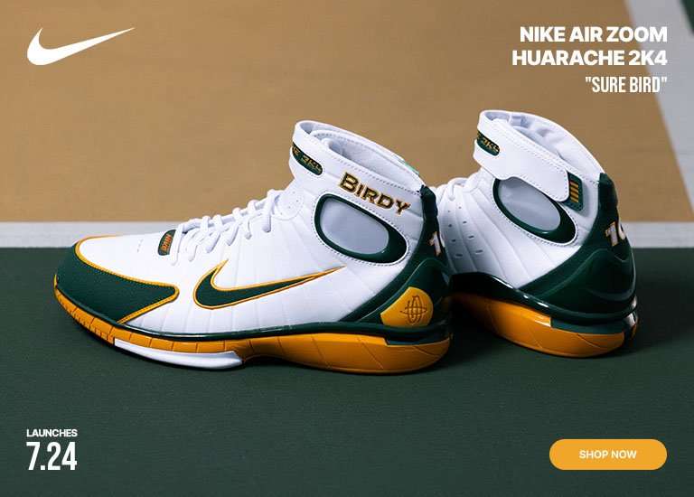 Nike Air Zoom Huarache 2K4 Sure Bird basketball shoes in white, green and gold.