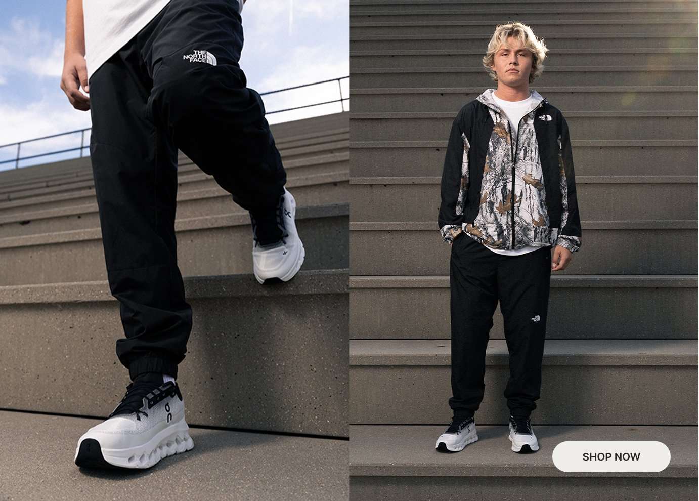 The North Face camouflage wind jacket, black jogger pants and white On running shoes on stadium steps with Shop Now button.