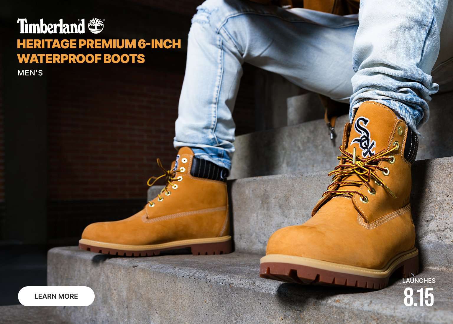 Timberland Heritage Premium 6-Inch Waterproof Boots in wheat nubuck leather with Chicago White Sox logo detail.