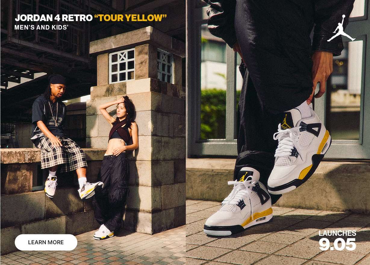 Lifestyle and product images of the Air Jordan 4 Retro Tour Yellow sneakers featuring close-up shoe details and streetwear styling, with launch date September 5.​‌