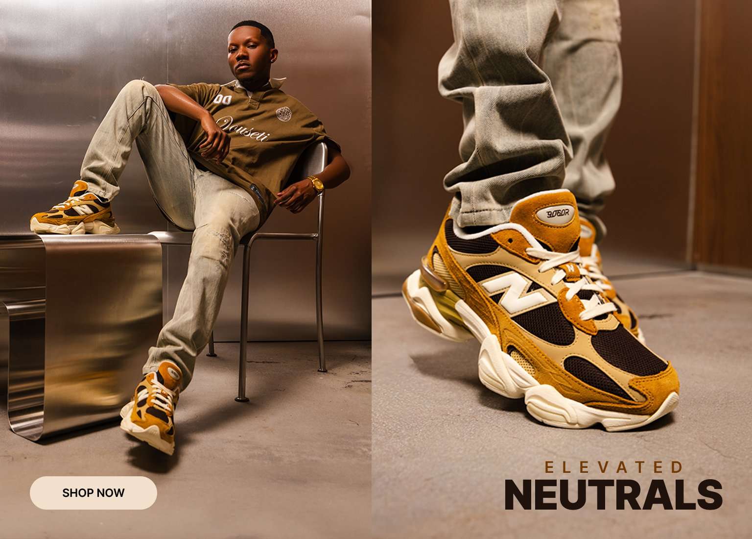 Model wearing a brown polo, light-wash denim and tan New Balance sneakers in a neutral-toned fashion campaign.