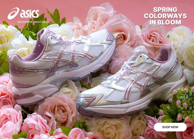 ASICS Spring Colorways in Bloom promotional banner featuring metallic silver and pink running shoes surrounded by spring flowers. Includes the ASICS logo and a SHOP NOW button.