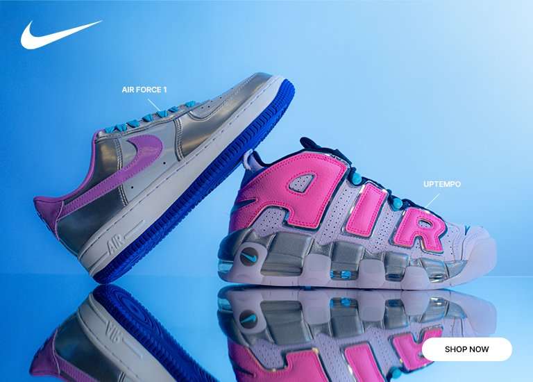 Nike Air More Uptempo and Air Force 1 sneakers in metallic silver, pink, and blue displayed against a blue reflective background.