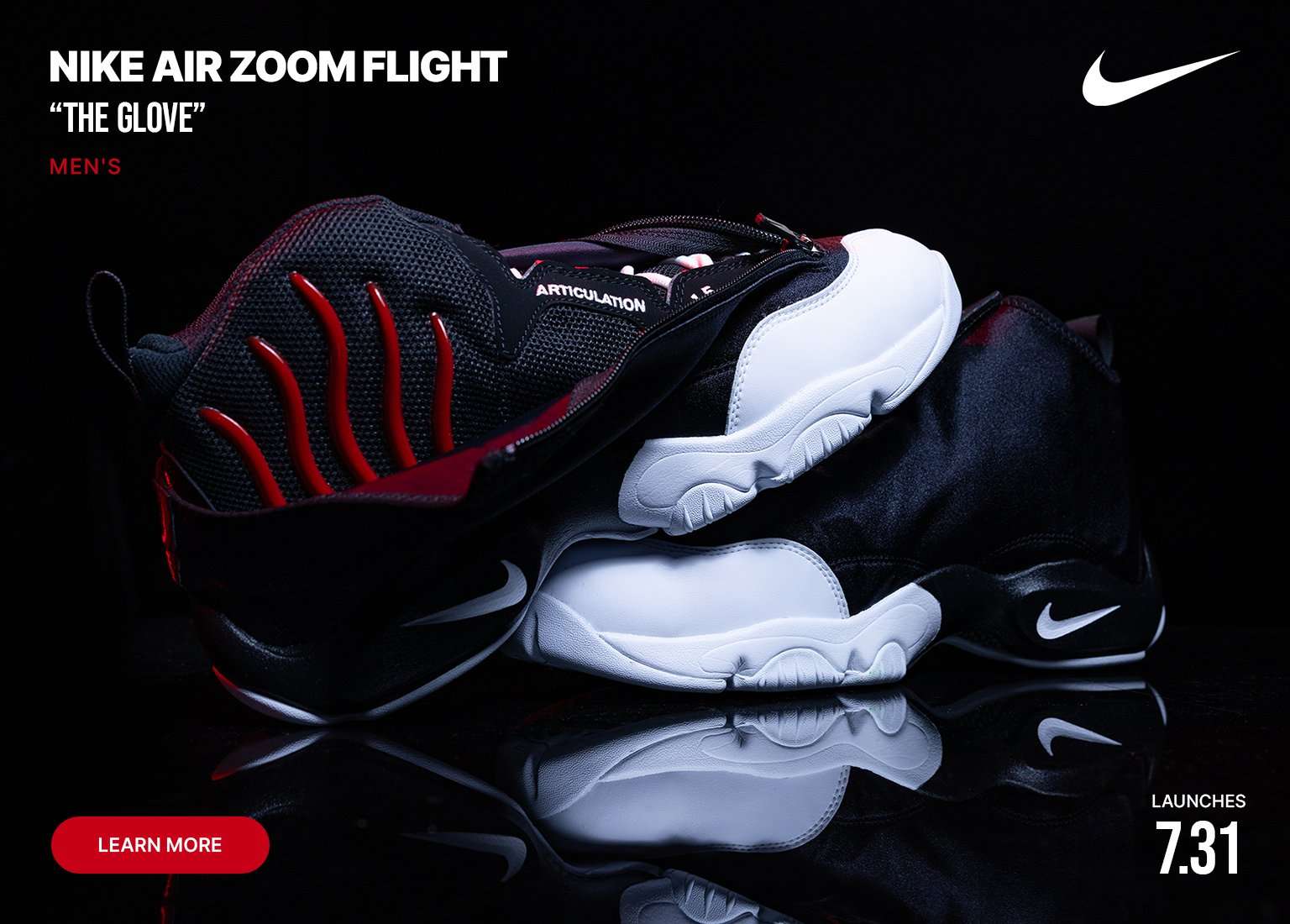 Nike Air Zoom Flight The Glove men’s sneaker launch in black, white and red with Learn More CTA.