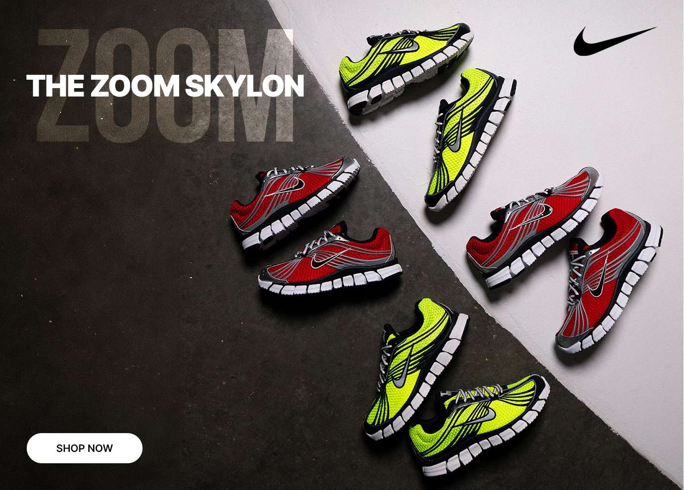 Nike Zoom Skylon sneakers in neon green and red colorways displayed in a product showcase graphic.