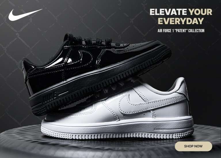 Nike promotional banner featuring black and white patent Air Force 1 sneakers with the message Elevate Your Everyday and a Shop Now button