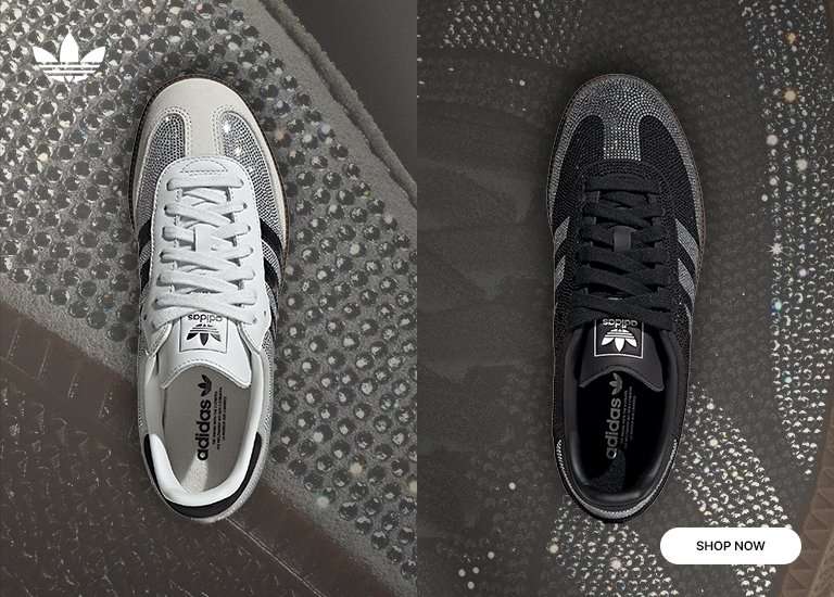 A top-down view showing two pairs of rhinestone-covered adidas Samba-style sneakers. The left shoe is black and silver, and the right shoe is white, black, and silver.