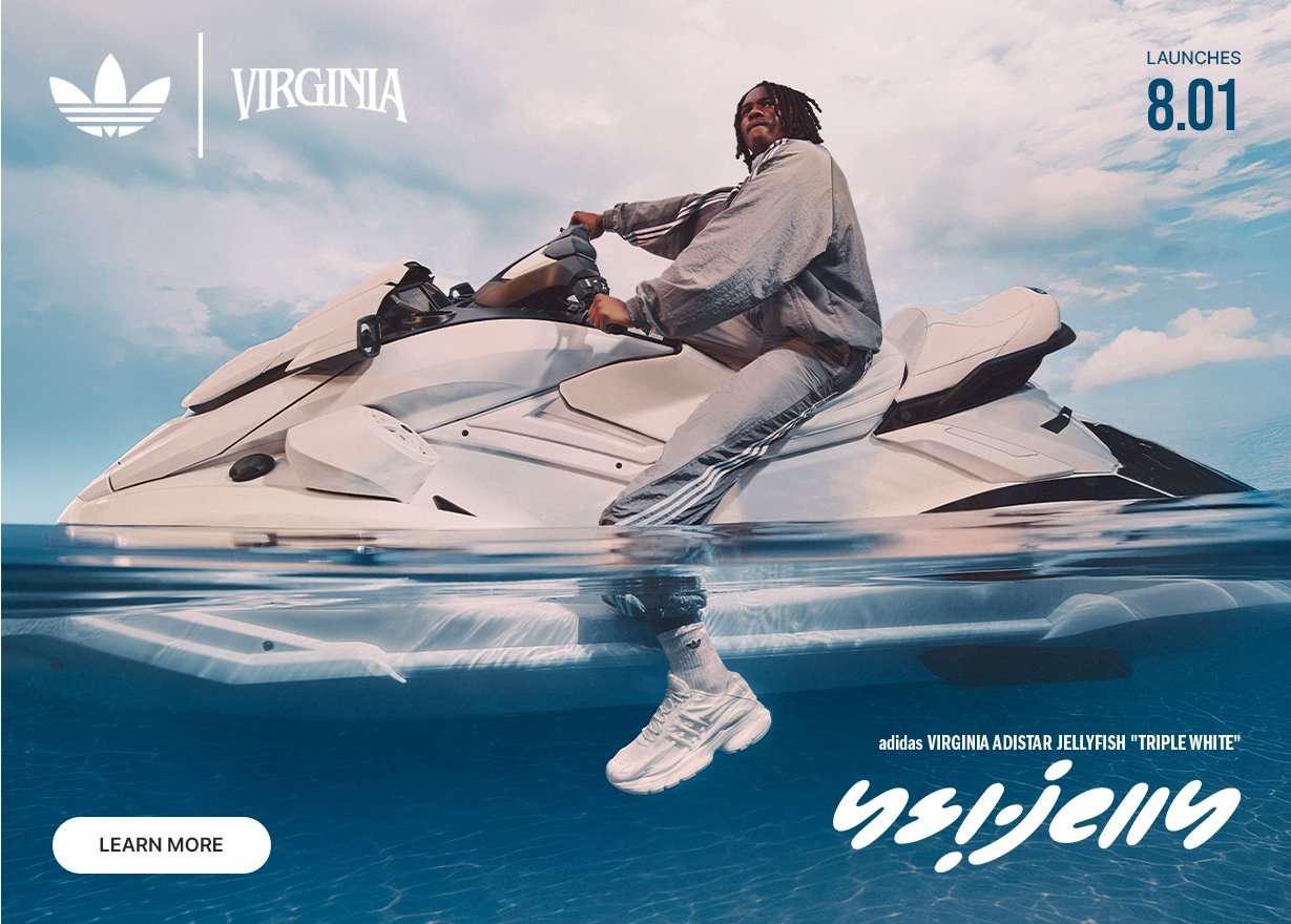 adidas Virginia Adistar Jellyfish Triple White sneaker campaign featuring a person on a white jet ski in blue water, launching August 1.
