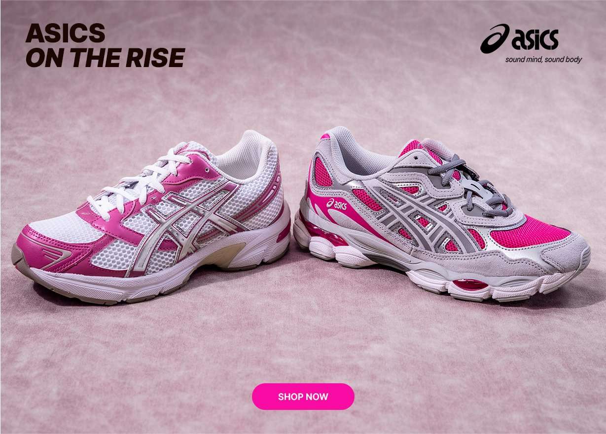 ASICS lifestyle running shoes in pink and silver with ASICS On the Rise text.