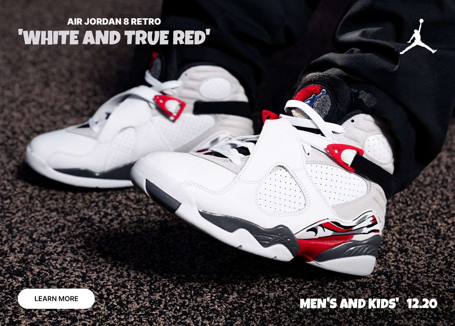Air Jordan 8 Retro White and True Red sneakers shown on-foot and in close-up on an outdoor basketball court, with text reading 'Men’s and Kids’ 12.20.'