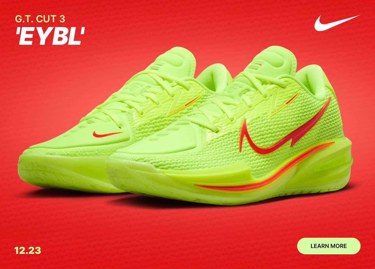 Multiple views of neon green Nike G.T. Cut 3 sneakers with bright red swooshes against a red background. The text includes G.T. CUT 3 'EYBL, a 12.23 launch date, and a LEARN MORE button.