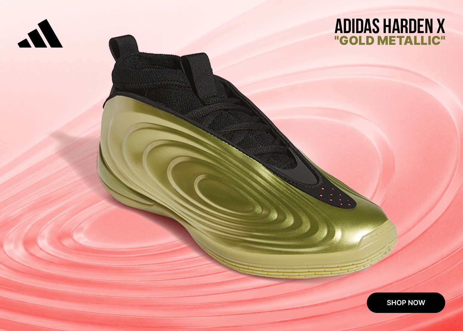 An adidas promotional banner features three angles of the Adidas Harden X Gold Metallic basketball shoe against a swirling pink background. The futuristic sneaker showcases a molded, metallic gold outer shell with a textured, ripple-like concentric wave design and a black sock-like ankle collar. The iconic adidas three-stripe logo is in the top left corner, with text in the top right reading ADIDAS HARDEN X GOLD METALLIC, and a black SHOP NOW button sits in the bottom right corner.