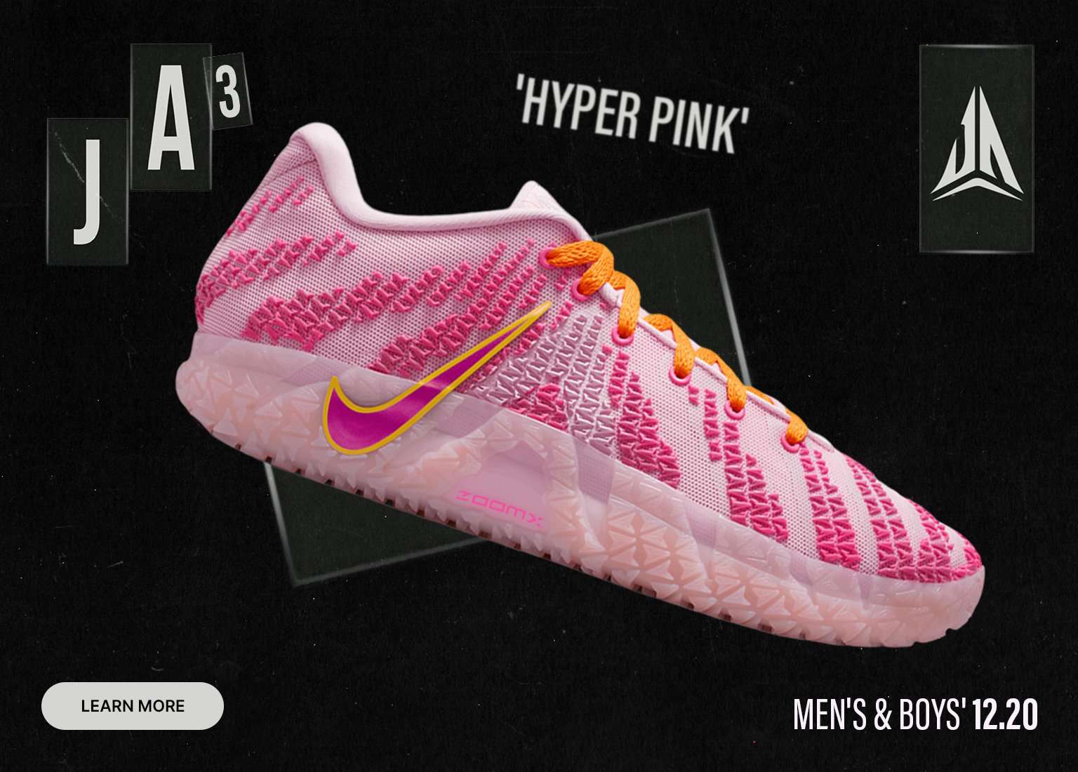 Promotional graphic showing the Nike JA 3 Hyper Pink basketball shoe in multiple angles, featuring pink knit uppers, orange laces, and a translucent sole, with a Men’s & Boys release date of 12.20.