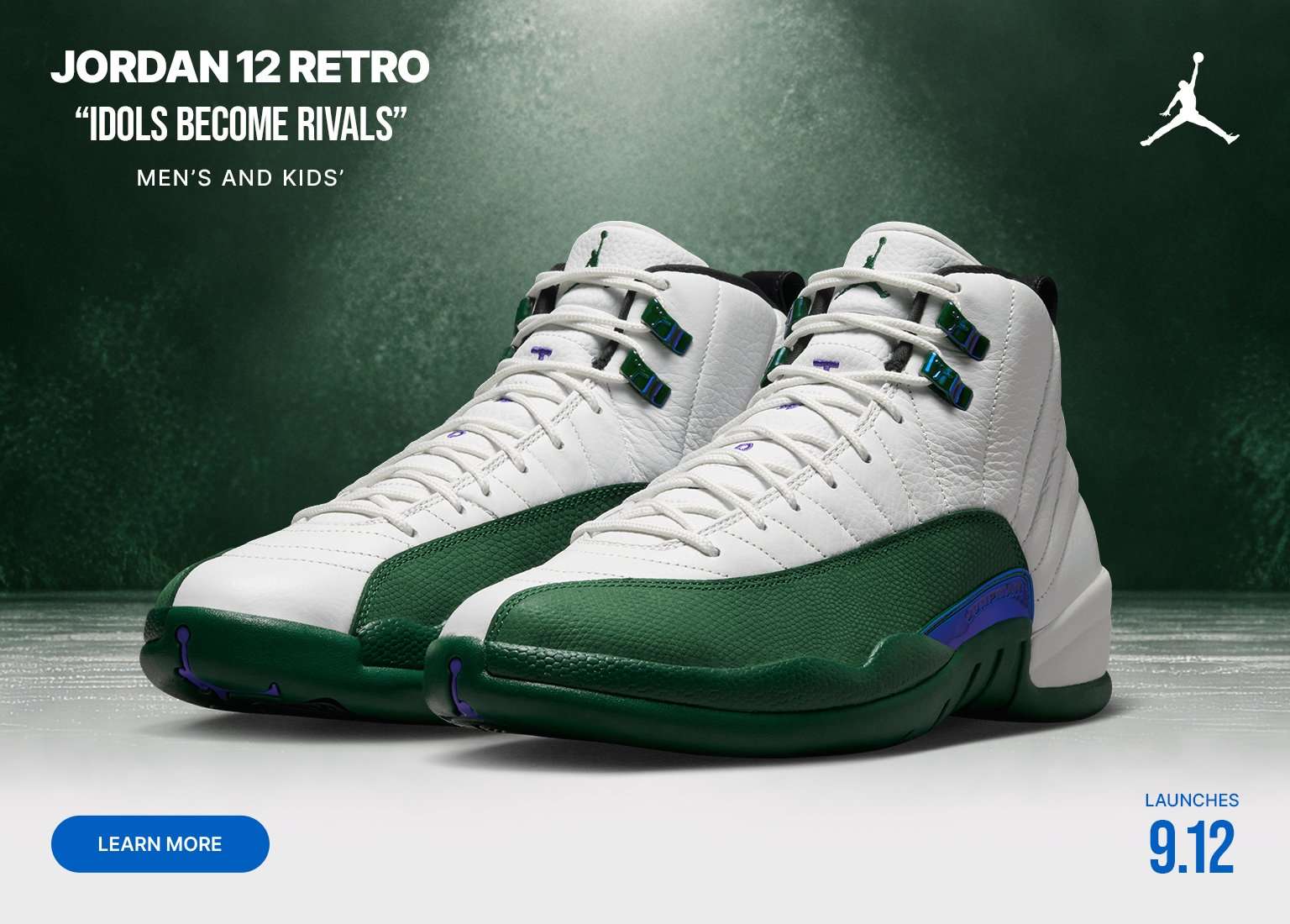 Jordan 12 Retro Idols Become Rivals men's and kids' sneaker launch graphic featuring white, green, and purple basketball shoes.