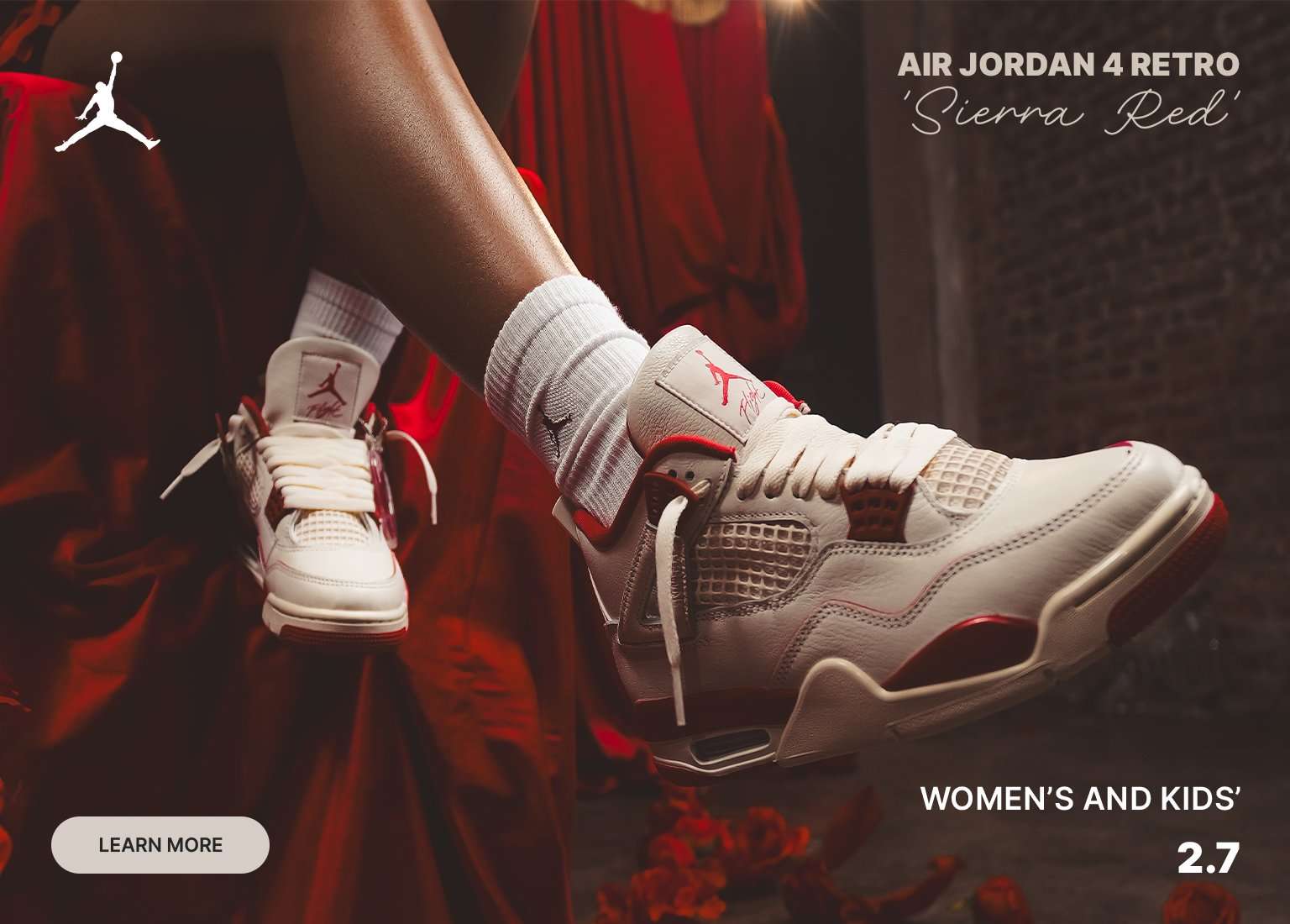 Air Jordan 4 Retro Sierra Red women’s and kids’ sneakers shown on feet against a romantic red rose backdrop with Jumpman logo and release date text.