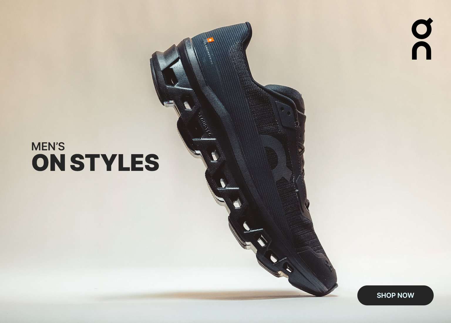 Promotional banner for Men's On Styles featuring a black On shoe with a Shop Now button.