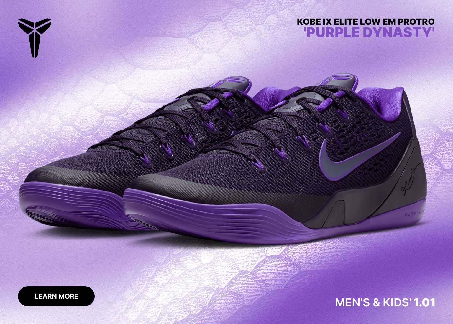 A pair of Nike Kobe IX Elite Low EM Protro basketball shoes in 'Purple Dynasty' featuring deep purple mesh uppers and a bright purple outsole against a matching snakeskin-textured background. Men's and Kids' Launches 1.01.