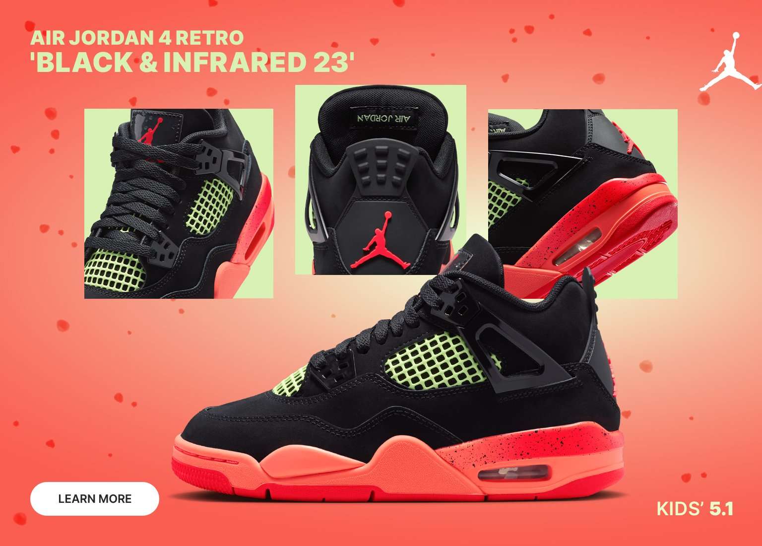 A promotional graphic for the Air Jordan 4 Retro 'Black & Infrared 23' in kids' sizes. The image features a large side view of the black sneaker with vibrant infrared accents on the midsole and lime green mesh paneling. Three smaller inset boxes show close-up details of the tongue, heel with the Jordan logo, and the sole. The background is a red gradient with floating speckles, a white Jordan logo in the corner, and a Learn More button.