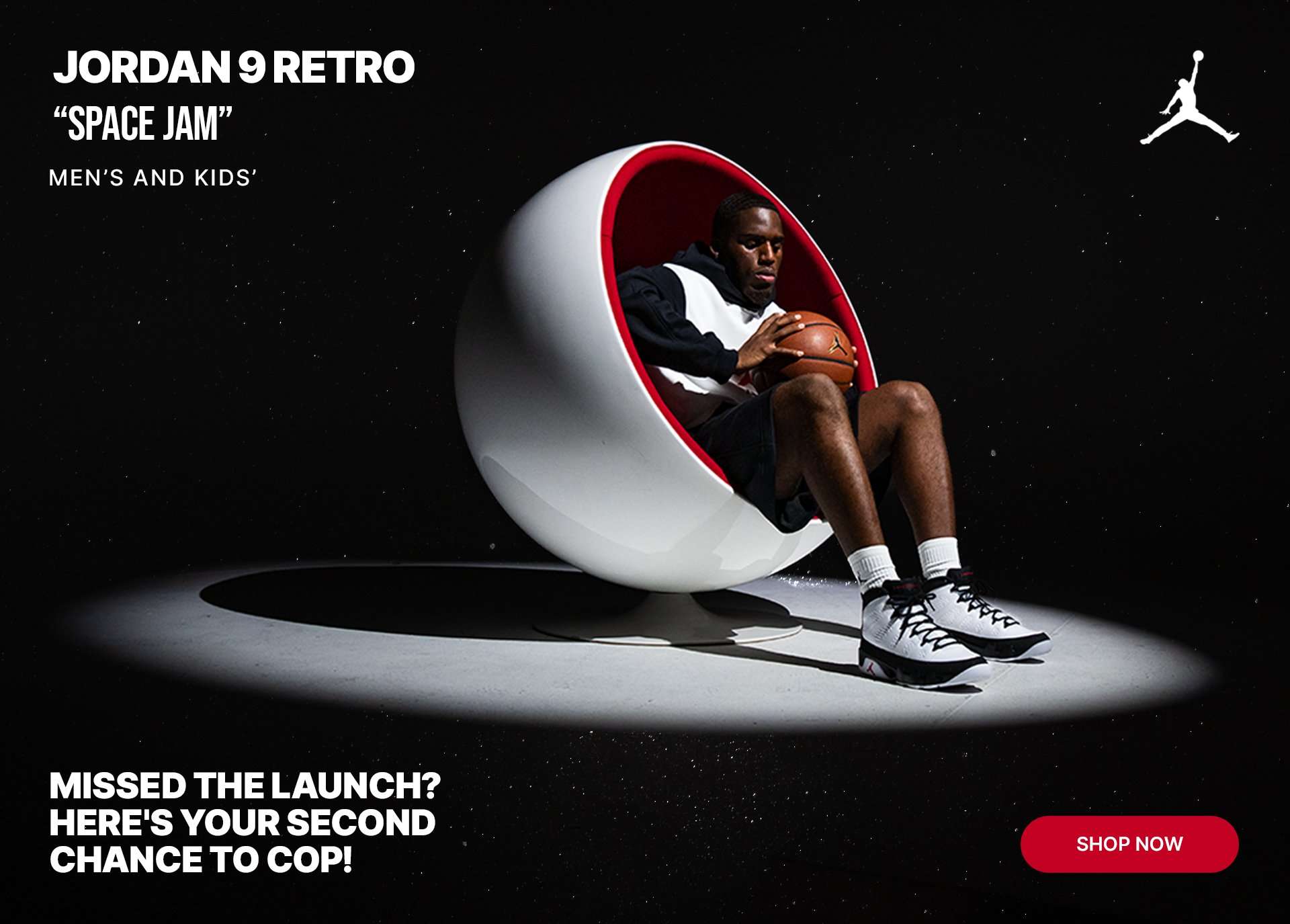 Jordan 9 Retro Space Jam sneakers with basketball-themed campaign imagery and Shop Now call-to-action.