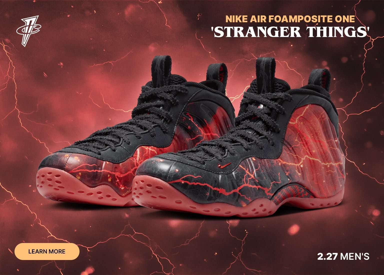 A promotional poster for the Nike Air Foamposite One Stranger Things edition. The sneakers feature a red and black color scheme with a lightning-bolt graphic pattern reminiscent of the Upside Down. The text at the top reads NIKE AIR FOAMPOSITE ONE STRANGER THINGS followed by the release date 2.27 MEN'S. The background is a dark red, misty atmosphere with glowing lightning strikes.