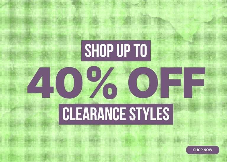 A promotional banner for a clearance sale featuring purple text on a light green textured background. The text reads SHOP UP TO 40% OFF CLEARANCE STYLES. A purple SHOP NOW button is located in the bottom right corner.