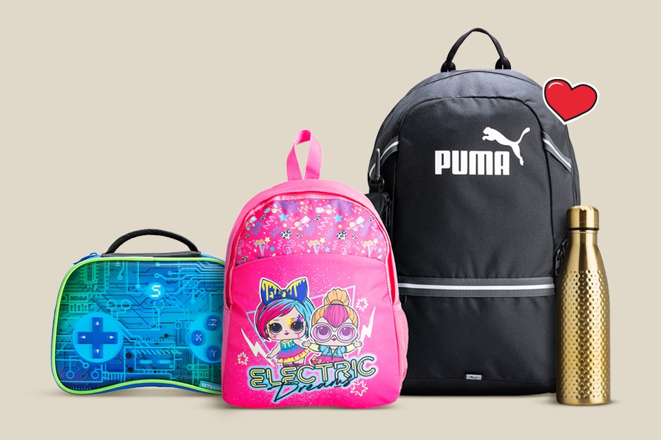 School bags, lunch bags and bottles.