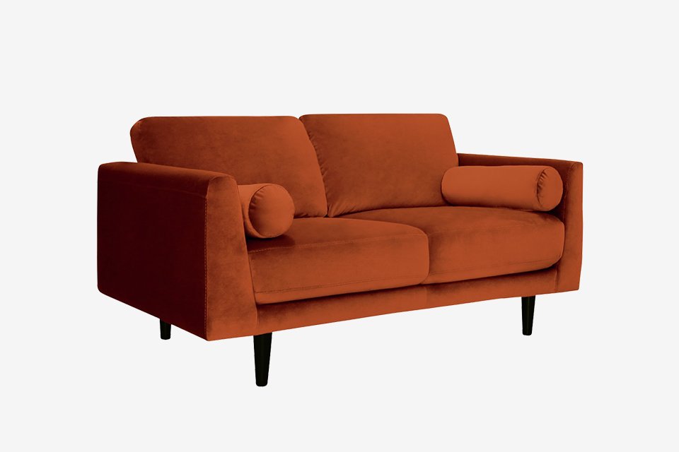 Jackson fabric Sofas in Black, Orange, and Artichoke.