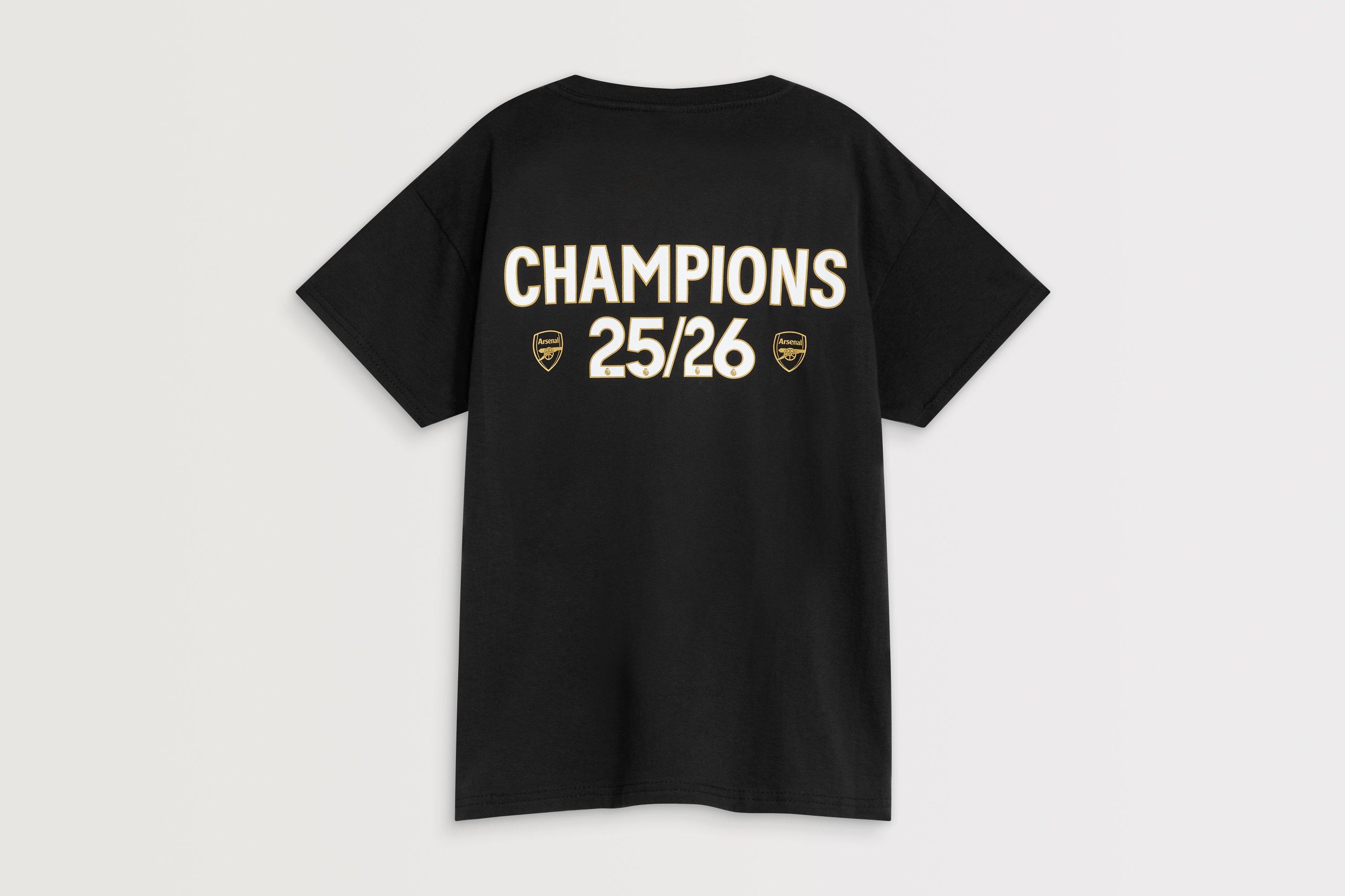 Arsenal Kids Champions 25/26 Black Crew T-Shirt | Official Online