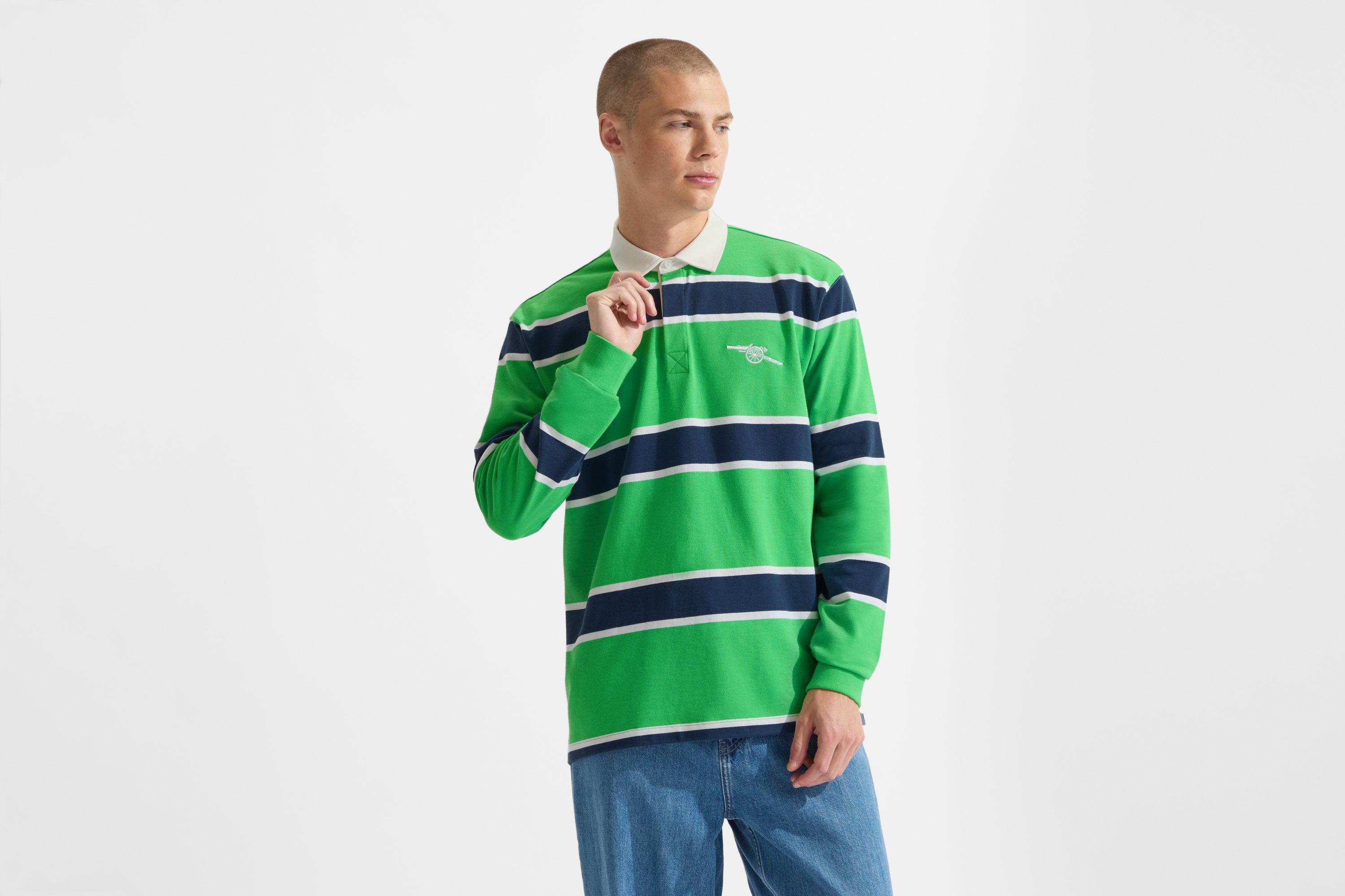 Arsenal Essentials Green Striped Long Sleeved Rugby Polo Shirt ...