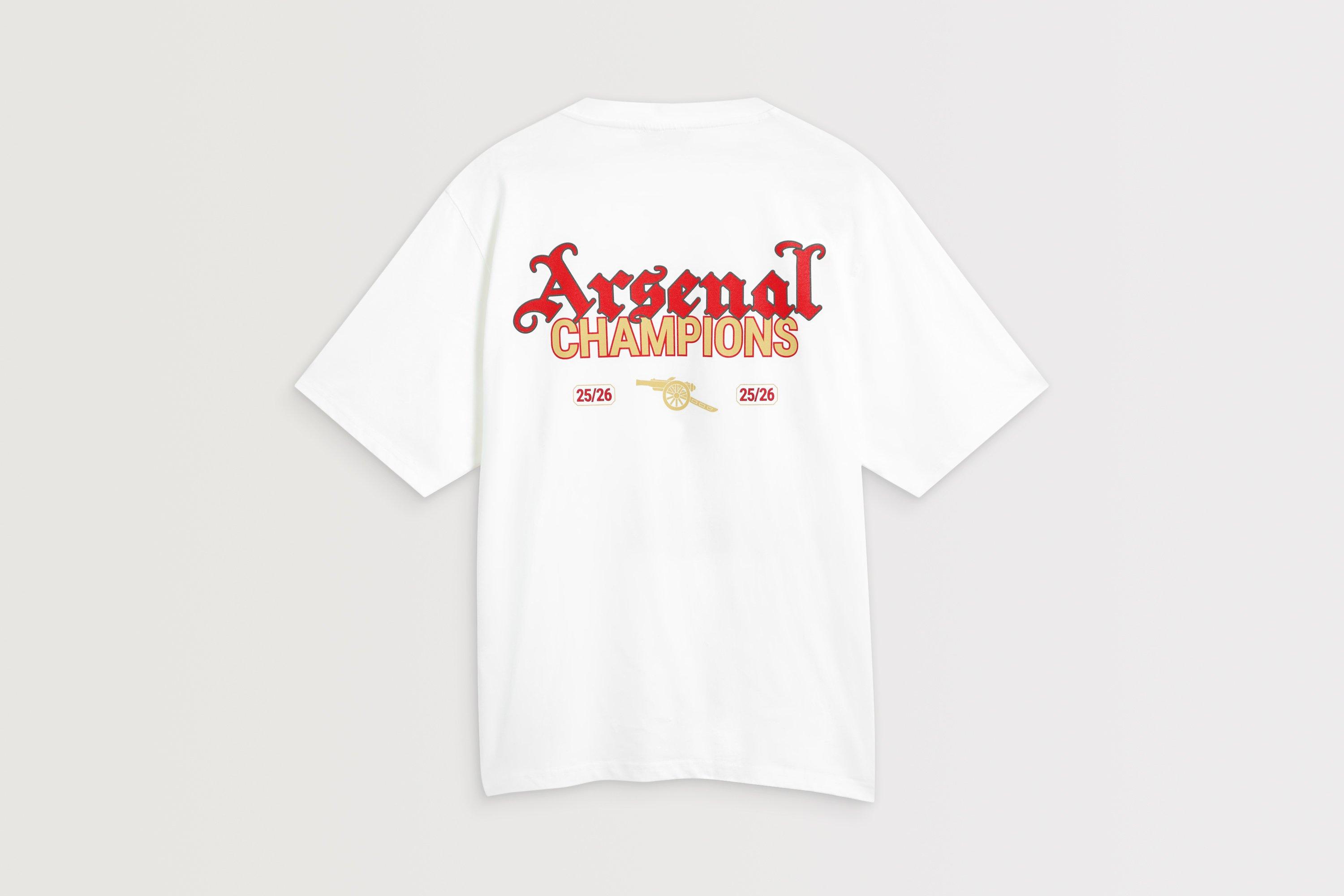 Arsenal Gothic Champions 25/26 White Crew T-Shirt | Official