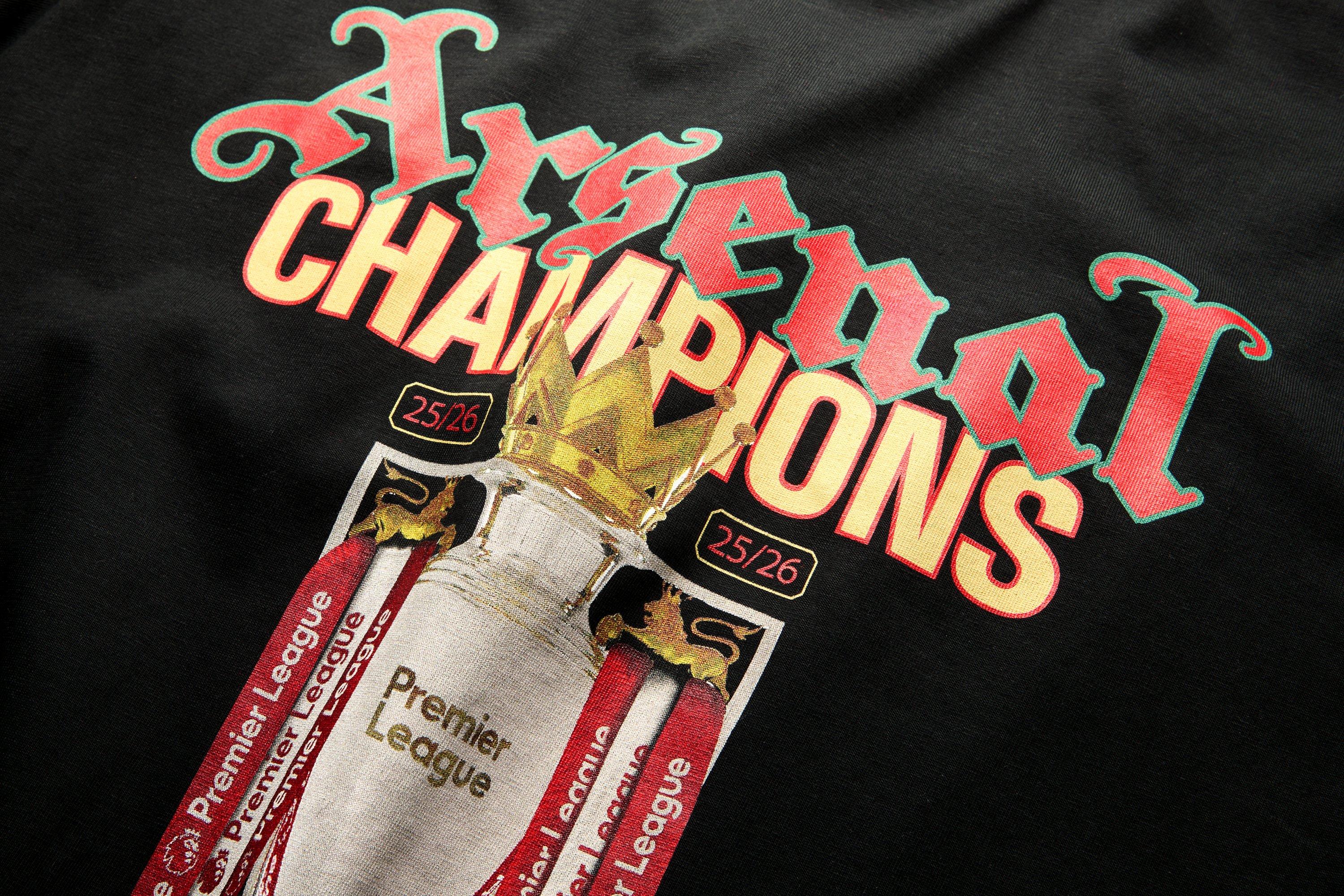 Arsenal Gothic Champions 25/26 Black Crew T-Shirt | Official