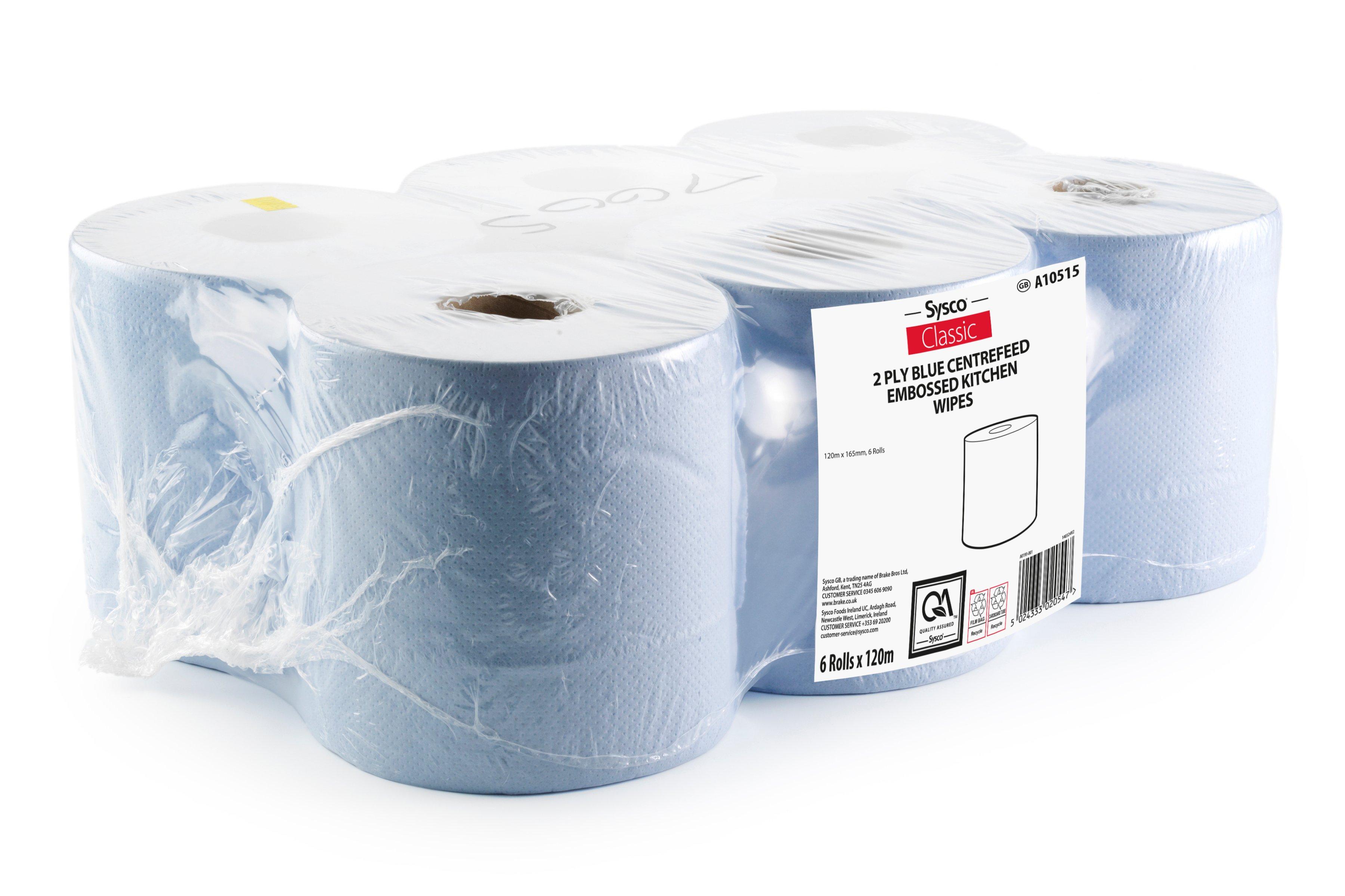 Sysco Classic 2 Ply Blue Centrefeed Embossed Kitchen Wipes