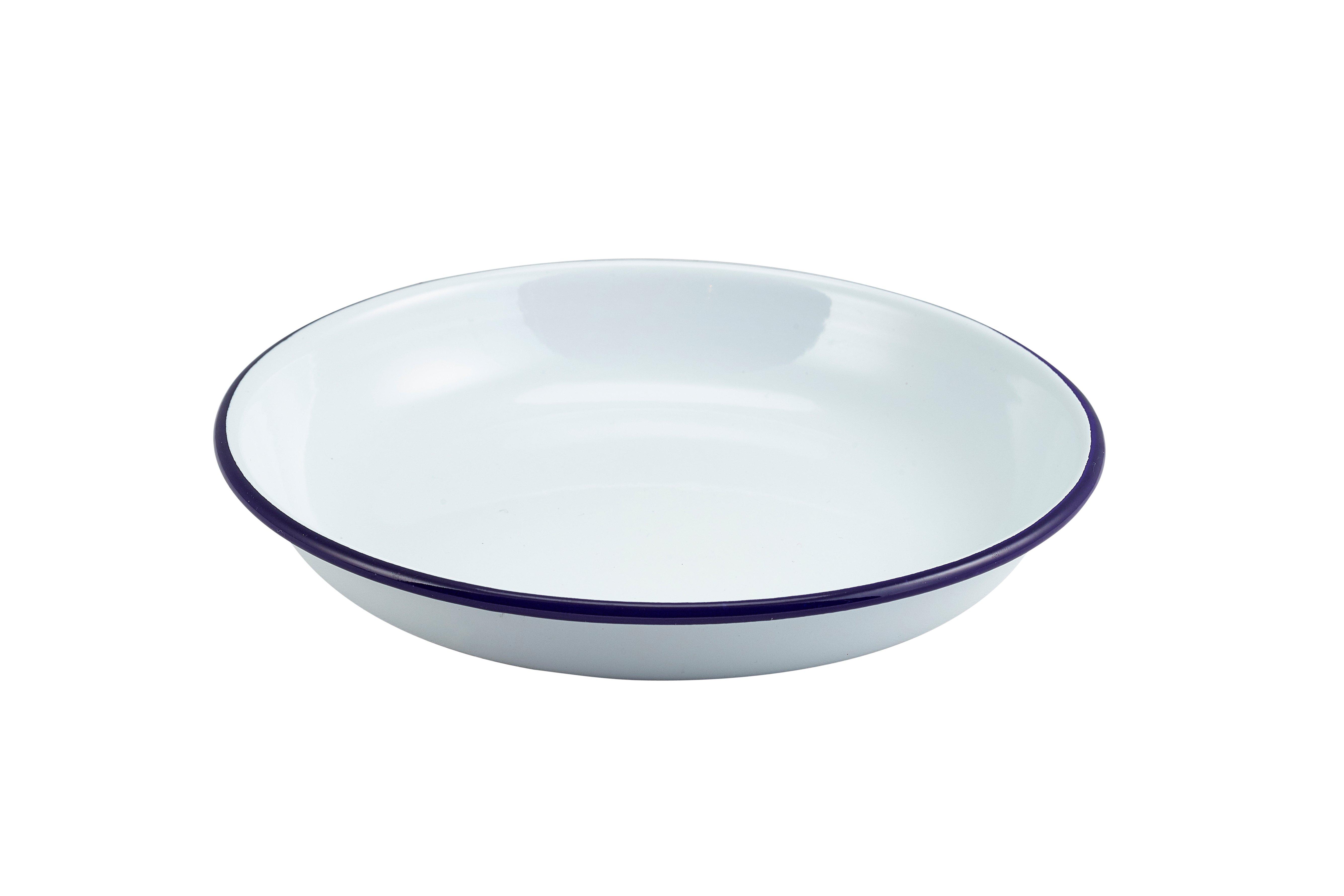 White with Blue Rim Enamel Rice/Pasta Plate 20cm