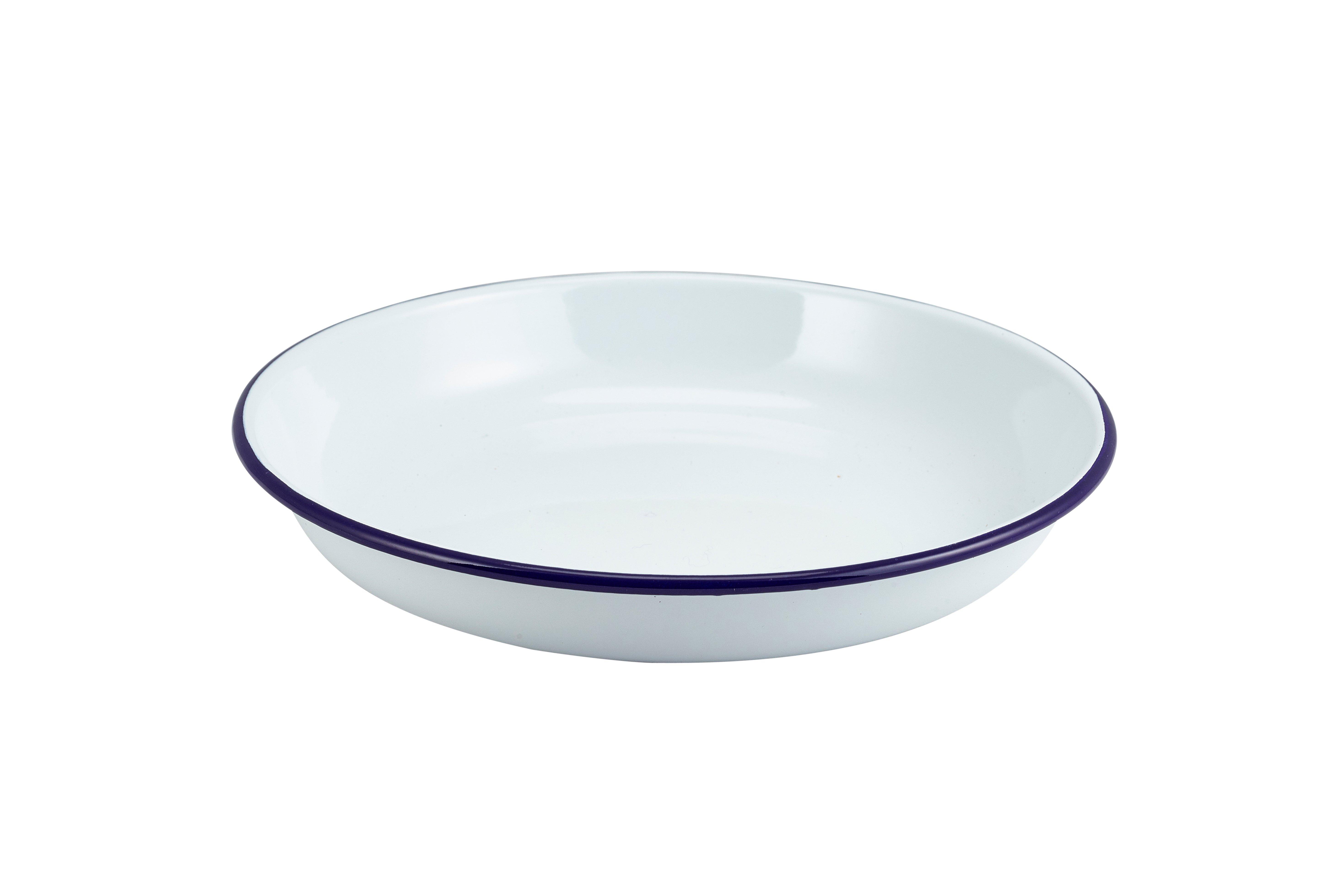 White with Blue Rim Enamel Rice/Pasta Plate 24cm