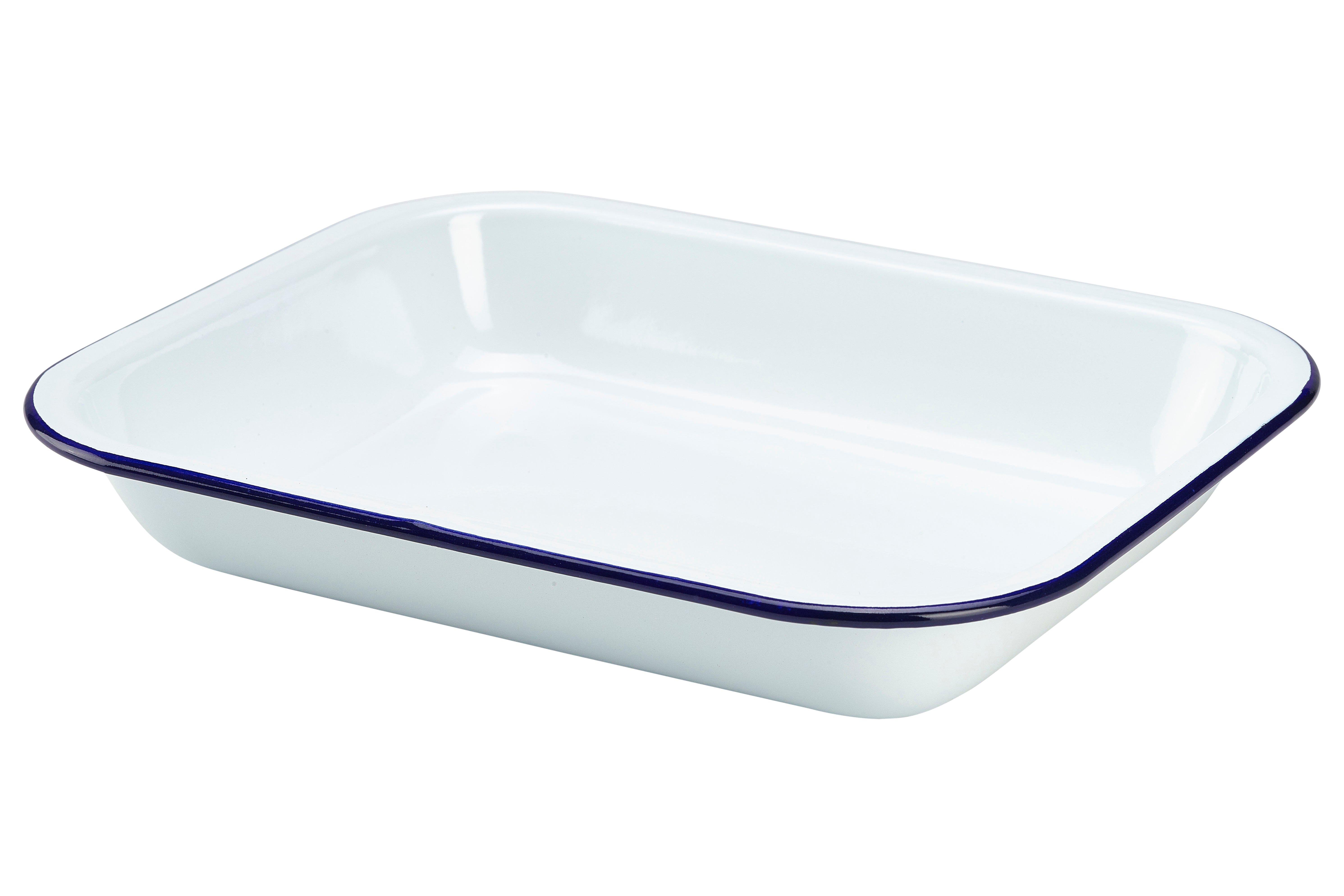 White with Blue Rim Enamel Baking Tray 28cm