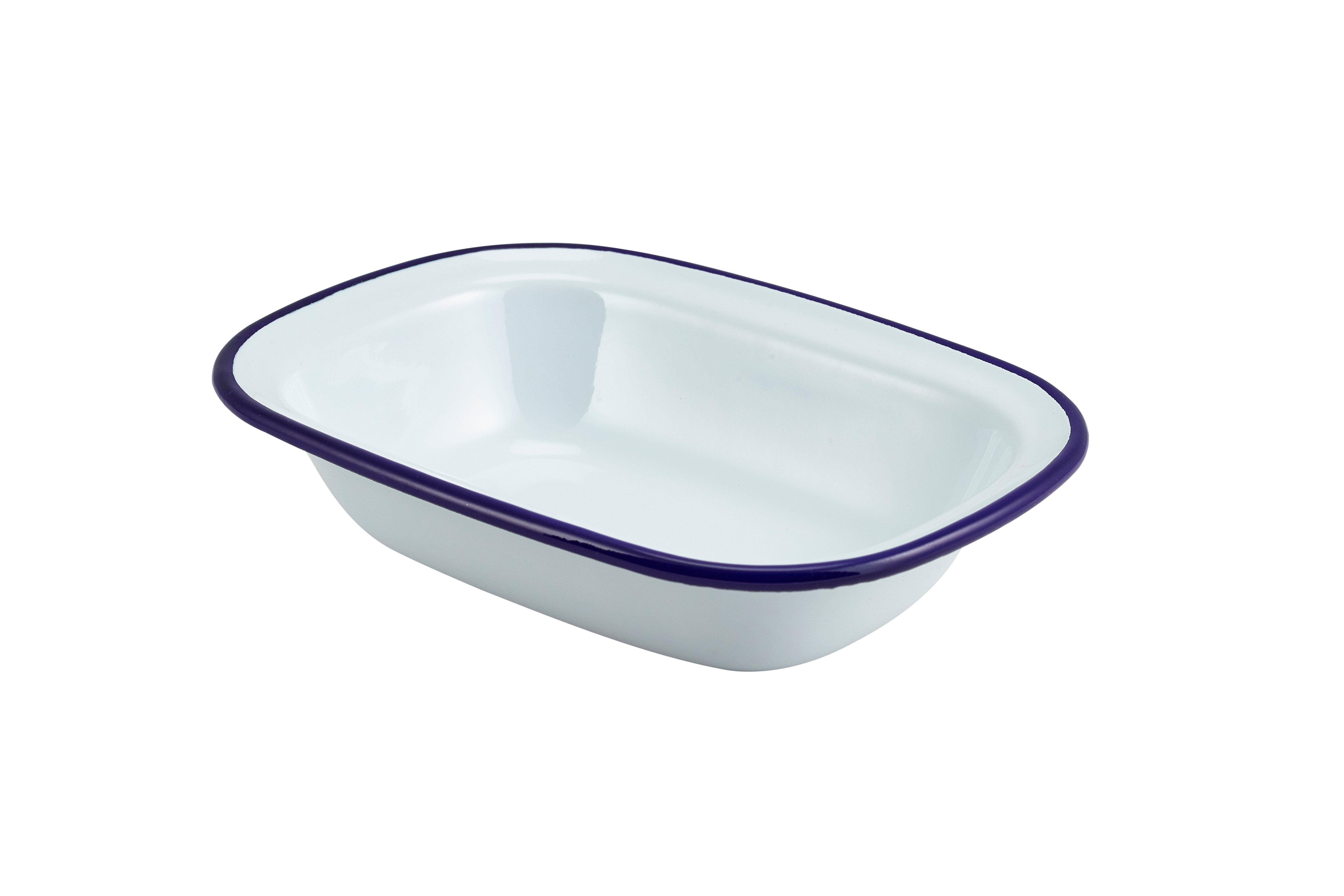 White with Blue Rim Enamel Rectangular Pie Dish