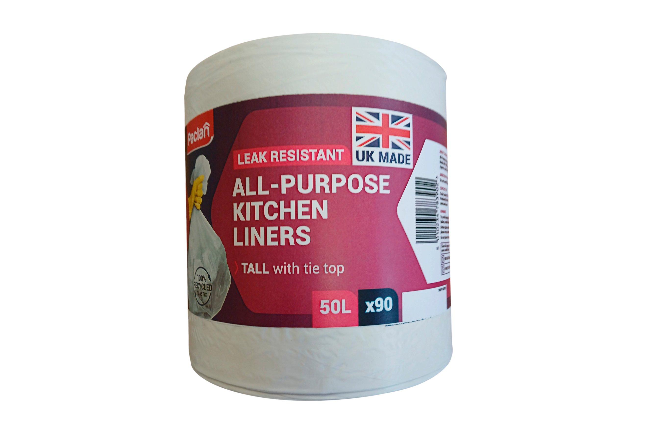 Paclan 90 Leak Resistant Tie Top All-Purpose Kitchen Liners 50L. 610x960mm incl Tie Top Closure.  Made using 100% Recycled Material (excluding processing aids).