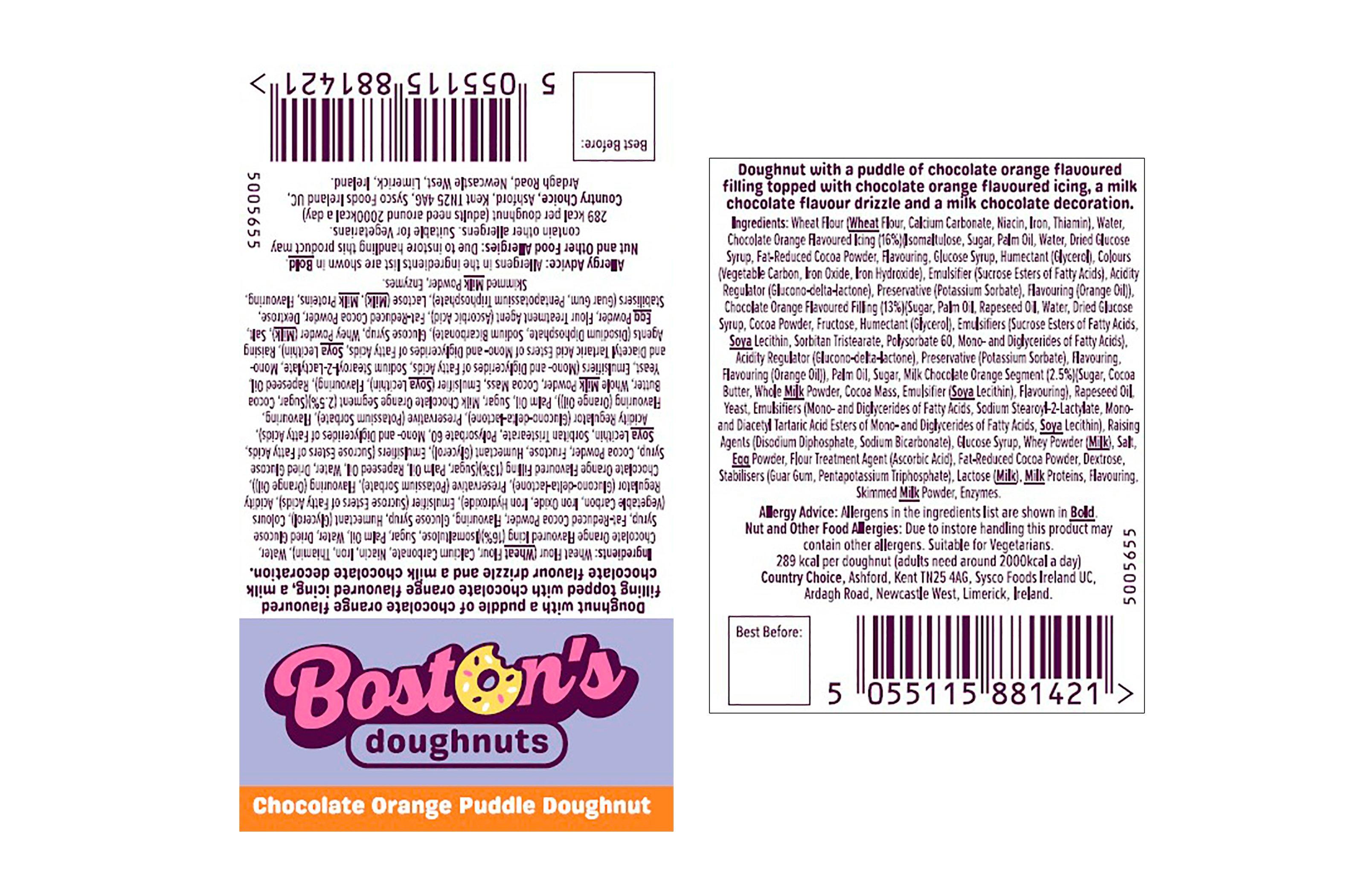 Boston's Chocolate Orange Puddle Doughnut Label