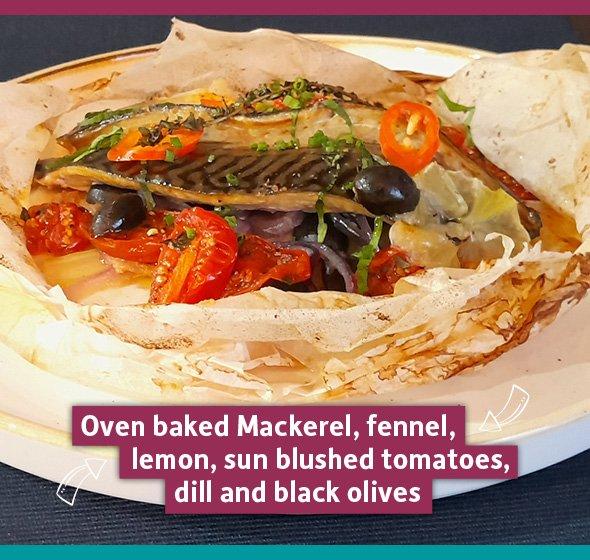 Baked mackerel with fennel, lemon and black olives