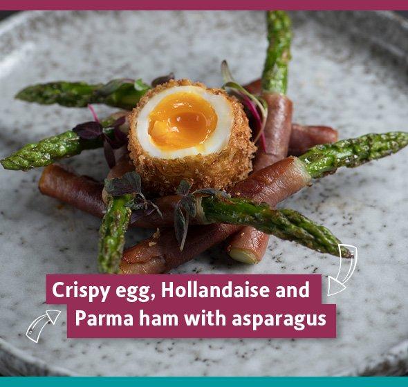 Crispy Quails Egg with hollandaise and asparagus